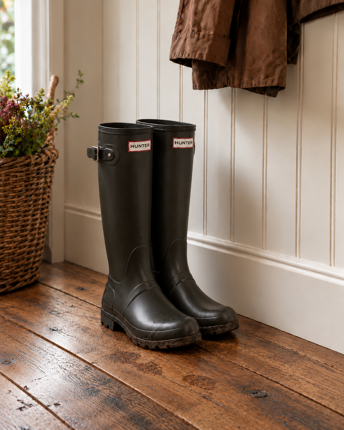 Lightly muddy Hunter boots on clean reclaimed wood flooring beside a paneled doorway